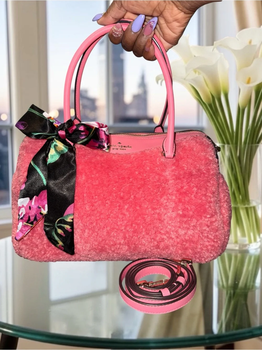 ❌Sold❌Kate Spade Mimi Faux Fur Satchel in the striking Pomegranate / Bright Blus